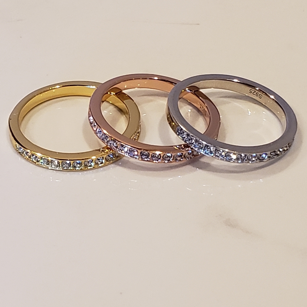3x2.5mm wide Gold on Sterling Silver, Three Swarovski Crystal Rings, Tri-Colour